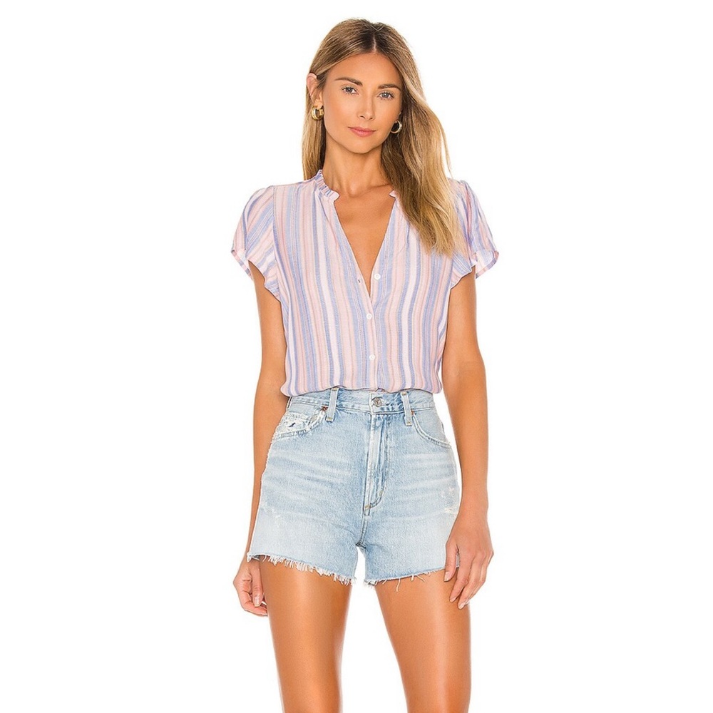 PAIGE Remy Top in Tanzanite Multi. Classy blouse with ruffle short sleeve. Small